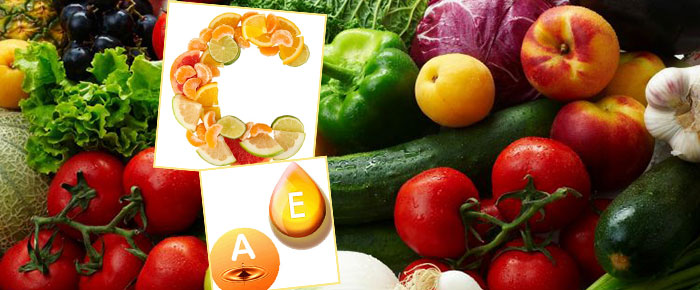 Свежие овищи и фрукты и витамины А, С, Е