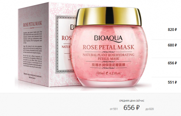 Ночная маска BioAqua с лепестками роз, стоимость по данным Яндекс.Маркета